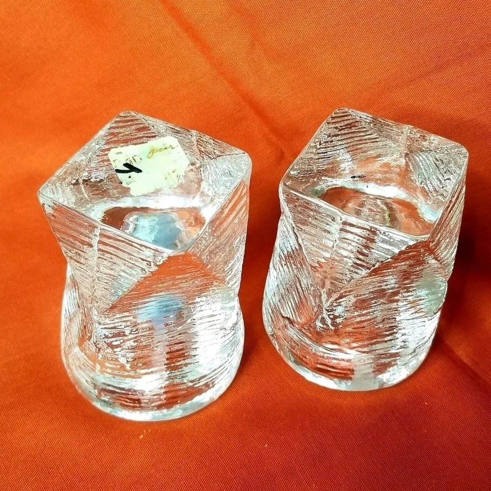 2 Vintage Rare Structural 3D Textured Glass Candlestick Holders MCM style